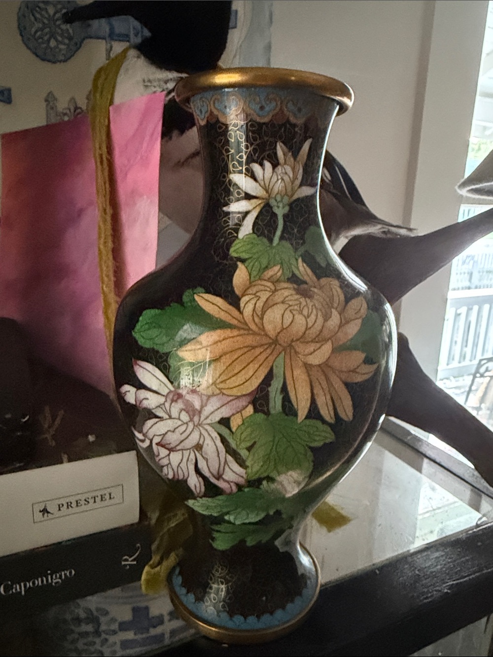 Decorative Floral Cloisonné Vase - Black and Gold- Excellent vintage condition